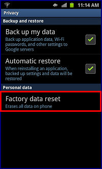 Privacy Menu, Factory Data Reset